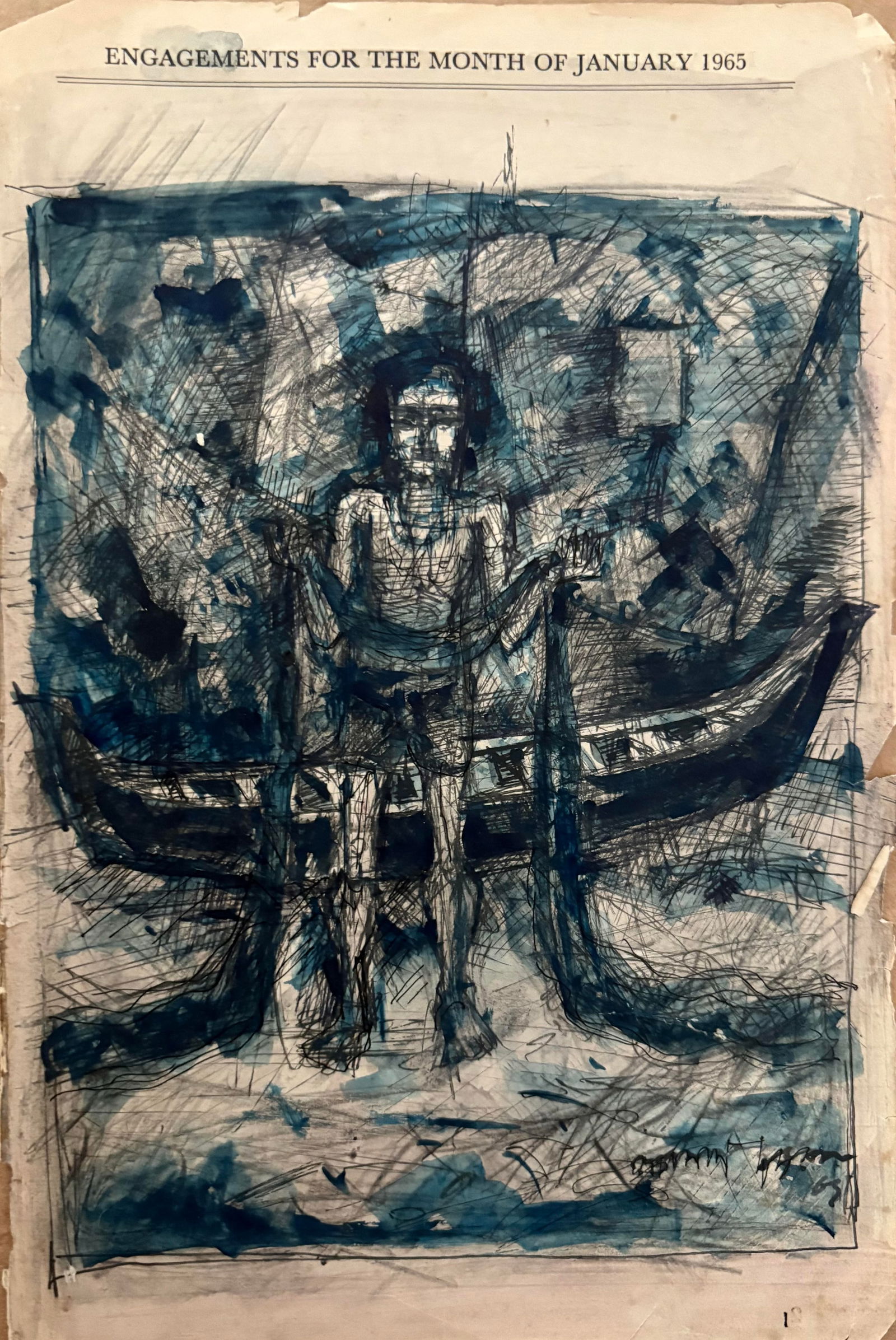 Shyamal Dutta Ray ( Indian 1934-2005) pen ink and watercolor on 1965 diary page: Shyamal Dutta Ray ( Indian 1934-2005) pen ink and watercolor on 1965 diary page Shyamal Dutta Ray was a Bengali contemporary painter. His paintings played a very important role in Bengal school of art