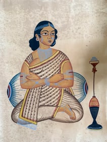Old Indian Kalighat painting of a lady with Huqqa