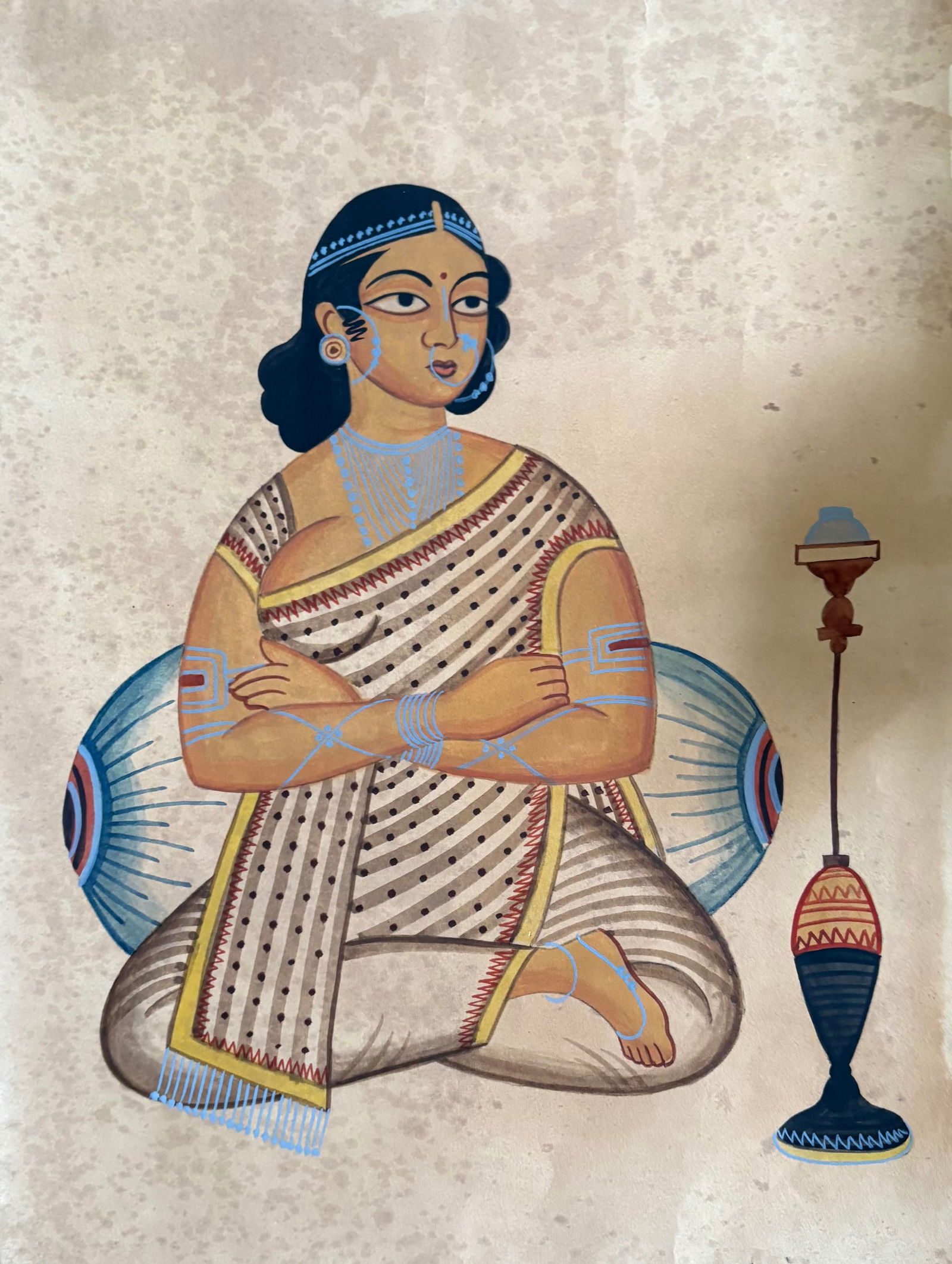 Old Indian Kalighat painting of a lady with Huqqa: Old Indian Kalighat painting of a lady with Huqqa Size: 15 by 11 inches