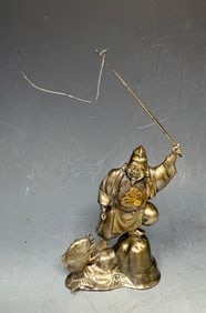 Japanese Silver Statue "Kami" Fishing - Seven Lucky Gods  Mark on Base