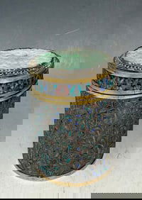 Antique Chinese enamel cigarette box with jadeite  carved and pierced  top