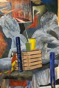 Amazing surreal oil painting 1970s large on board