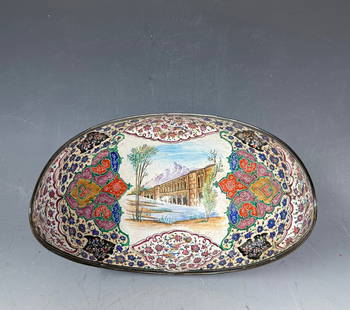 Antique Persian Hand Painted Enamel Bowl: Antique Persian Hand Painted Enamel Bowl, approximately 6 1/2 inches long 4 1/2 inches wide foot and quarter inches high minor enamel loss