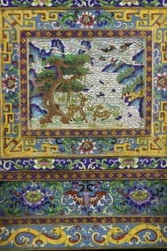 Chinese Cloisonne Table Screen: China, cloisonne table screen, one side featuring a heron and two deer by the waterside, the other detailed gilt image of two figures in a landscape, mark on top. Height 12 1/8 in., Width 11 in.