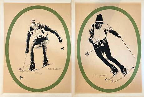 Two signed etchings signed on bottom right and bottom left in ink subject skiers 1960s: Two signed etchings signed on bottom right and bottom left in ink subject skiers 1960s condition good