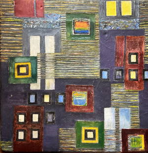 Abstract art has has two holes on top artist unknown 1950s: Abstract art has has two holes on top artist unknown 1950s measurements are 23 1/2 inches wide 23 1/2 inches tall