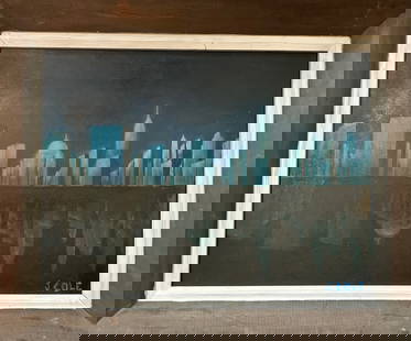 Oil painting on board sign, J. Cole cityscape: Oil painting on board sign, J. Cole cityscape measurements are 23 inches wide 17 inches tall