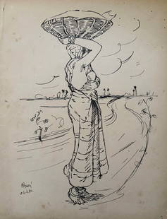 Binode Bihari Mukherjee ( Indian 1904-1980) pen and ink drawing on paper: Binode Bihari Mukherjee ( Indian 1904-1980) pen and ink drawing on paper signed and dated lower left Binode Behari Mukherjee was one of the most important modern Indian masters . He was a key figure o