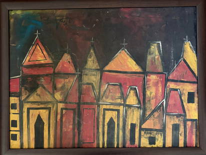 FN Souza (Indian 1929- 2002 ) oil on canvas painting: FN Souza (Indian 1929- ) oil on canvas paintingAttributed to Indian artist FN Souza signed upper left Souza 56 oil on canvas painting of old Bombay buildings . He studied at Sir JJ School of art in Bo