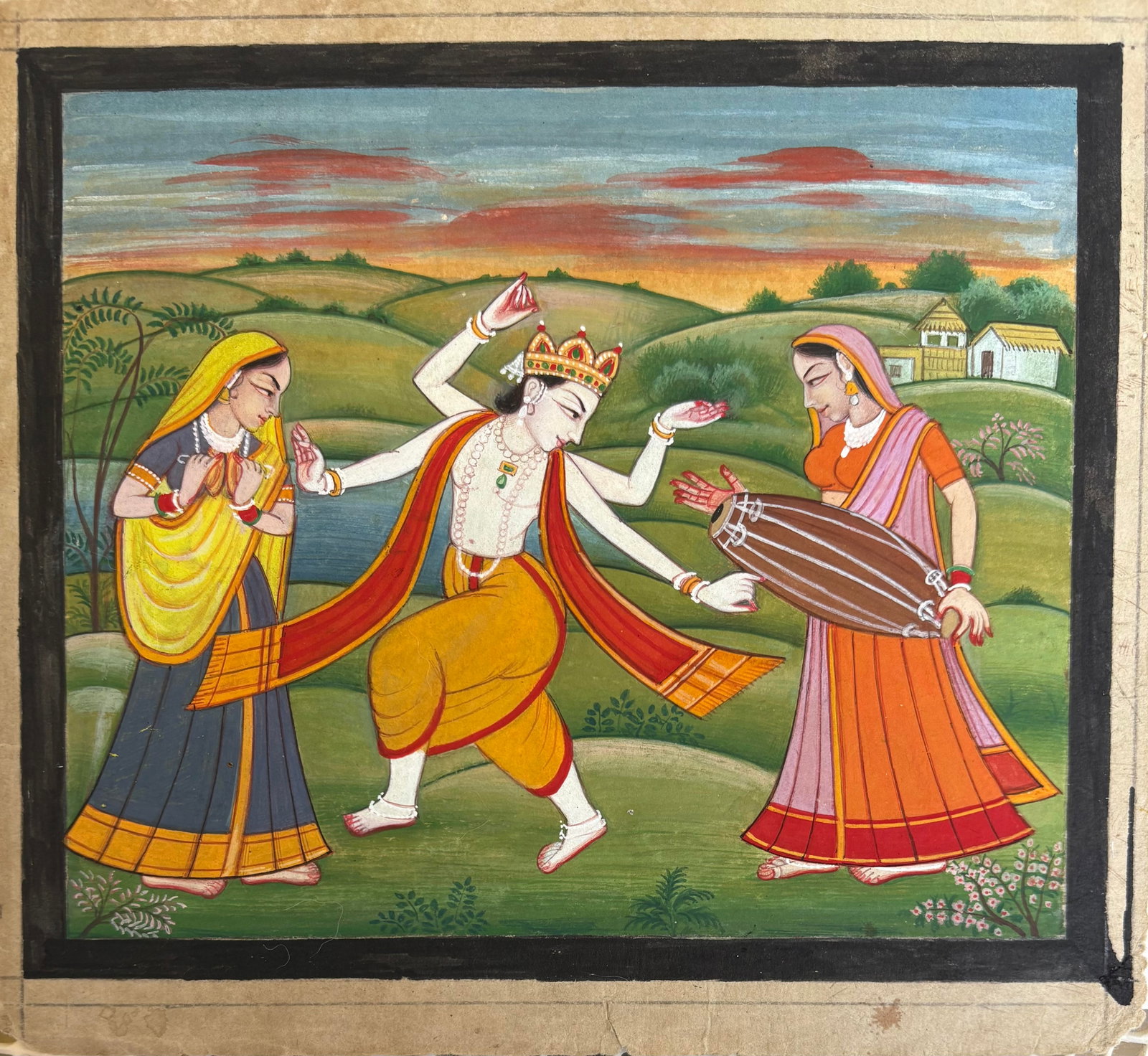 Indian miniature painting Kangra school Krishna: Indian miniature painting Kangra school Krishna with four hands dancing while Gopis play music - A very rare depiction of lord Krishna Size : 8.5 by 7.5 inches