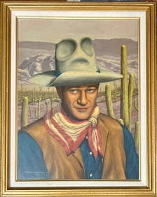 1960s oil painting of John Wayne well on a movie set painted by a Walt Disney: 1960s oil painting of John Wayne well on a movie set painted by a Walt Disney artist at the time the paint is in good condition. The measurements are. 18 inches wide 24 inches tall, rare image.