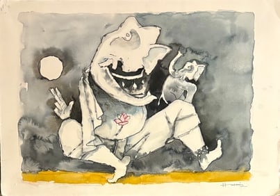 Maqbool Fida Husain ( Indian 1915-2011) Ganesha watercolor on paper painting (1 of 1)