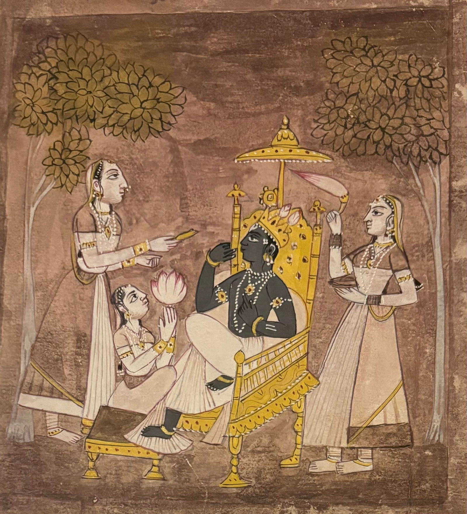 Indian Pahari school miniature painting of Lord Krishna and devotees: Indian Pahari school miniature painting of Lord Krishna and devotees Size : 7 by 6.5 inches