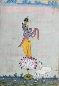 Indian Bikaner school miniature painting of Lord Krishna standing on Lotus (1 of 1)