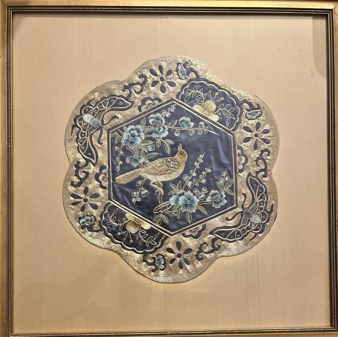 Forbidden stitch, tapestry: Forbidden stitch tapestry with butterflies and birds gold thread measurements are 19 1/2 x 19 1/2 in good condition