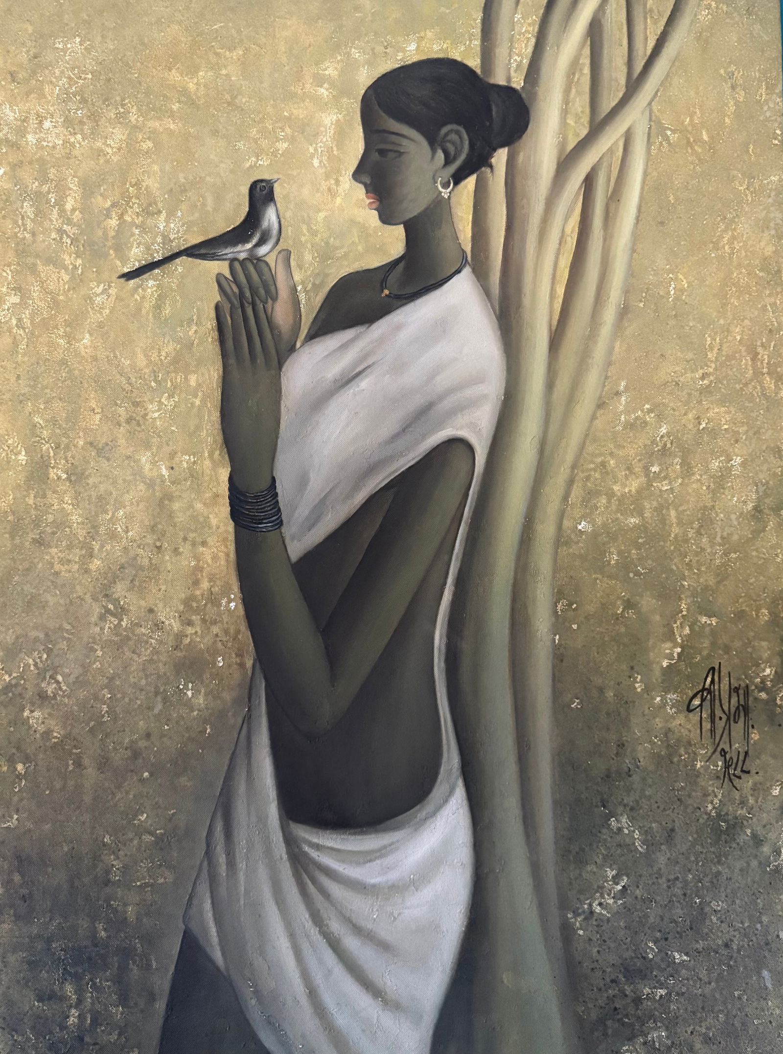 B Prabha (1933-2001) oil on canvas painting: Attributed to B Prabha who was an Indian artist who worked primarily on oil on canvas . She was one of the most well known artists of modern India . She painted elongated figure of pensive rural women