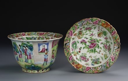Antique Chinese Rose Medallion Flower Pot & Tray