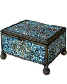 19th C. French Champlevé Enamel & Fire Gilt Bronze Metalwork Domed Top Jewel Box
