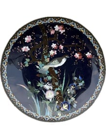 Antique Japanese Cloisonne Flying Cranes Landscape Enamel Plate Goto School
