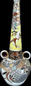 Antique Japanese Polychrome Double Ring Handle Vase