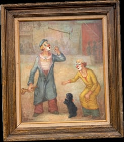 An oil on canvas painting of clown art by Szirka