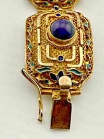 1940th Chinese Export Gilded Silver/Enamel and Amethyst Filigree Panel Bracelet