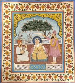 Indian Sikh school miniature painting showing Sikh Guru Nanak with his two desciples.