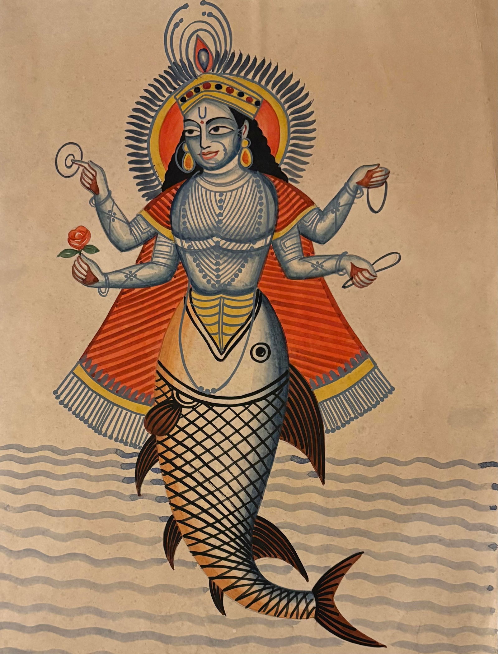 Indian Kalighat painting of a Rare Matsyakanya - half human half fish: Kalighat paintings originated during British rule in India during 19 th century and the tradition of painting this unique style continued by artists who lived outside the famous Kalighat temple in Cal