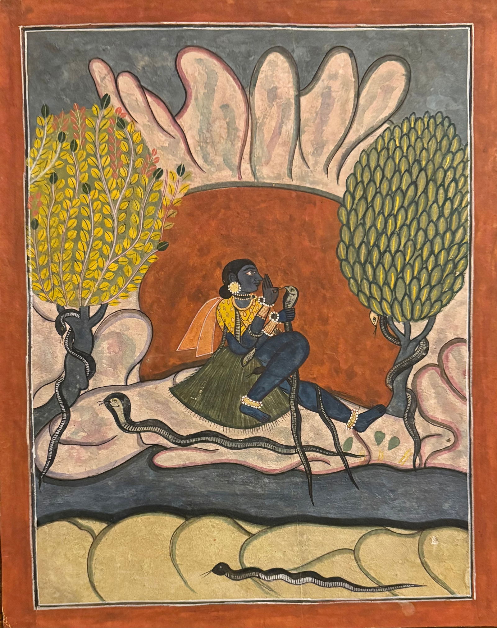 Indian Pahari school miniature painting of a saint holding a snake in one hand: Indian Pahari school miniature painting of a saint holding a snake in one hand and sitting with snakes around - a rare depiction Size : 10 by 8 inches