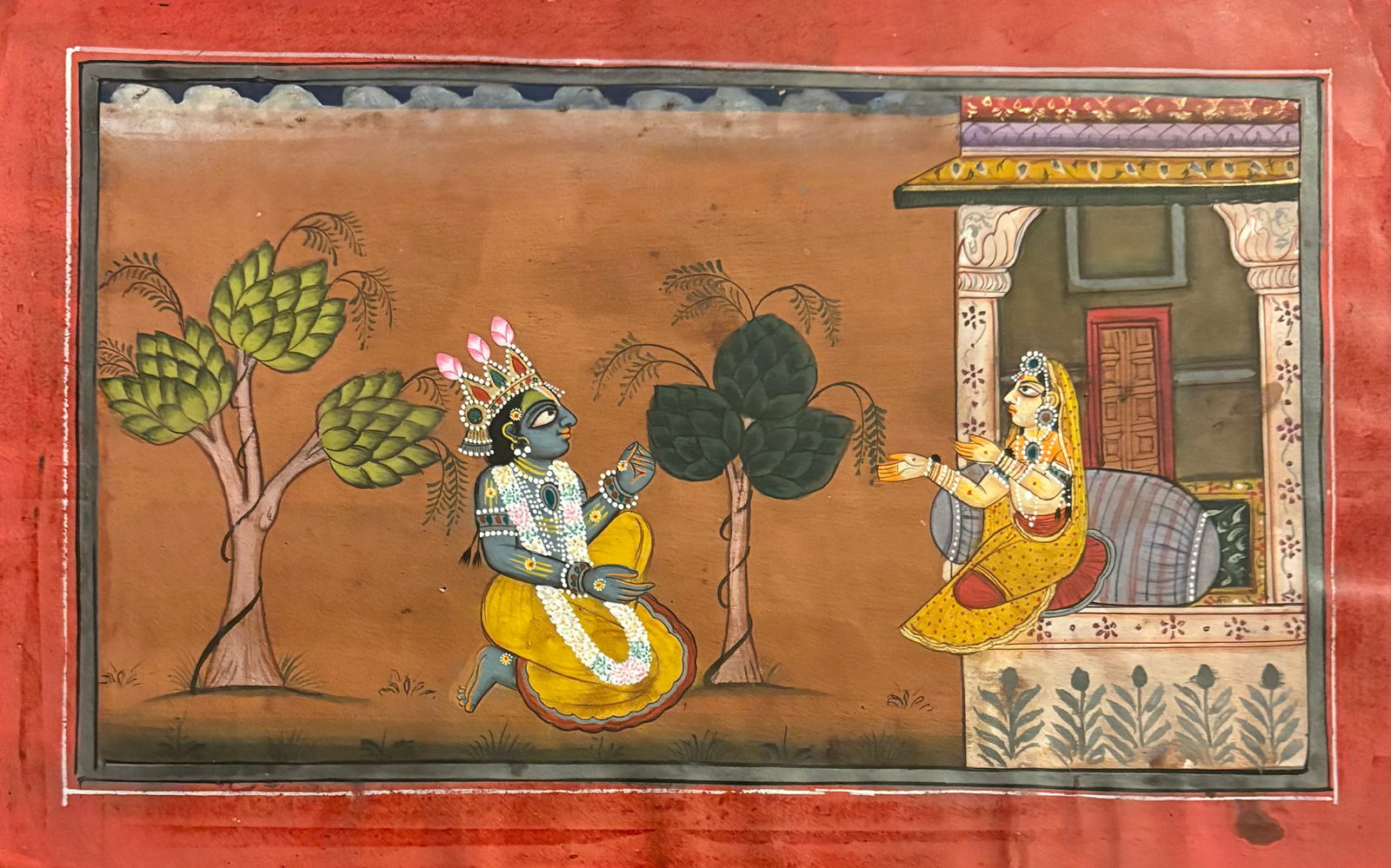 Indian Pahari school miniature painting of Radha and Krishna from Rasamanjiri series: Indian Pahari school miniature painting of Radha and Krishna from Rasamanjiri series Size : 11 by 7 inches