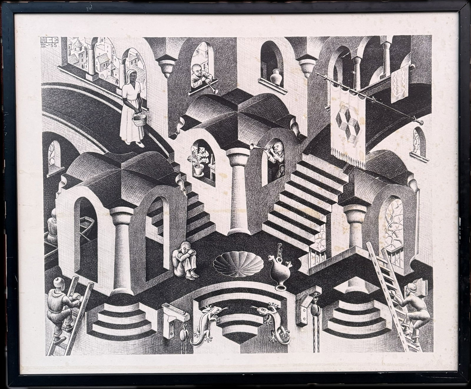 A lithograph print "Convex and Concave" by the Dutch artist M.C. Escher: A lithograph print "Convex and Concave" by the Dutch artistM.C. Escher, created in March1955. 18 1/4” X 22 1/2”,framed with no glass. The note on the back reads: E 9 / M. C. ESCHER, HOL EN