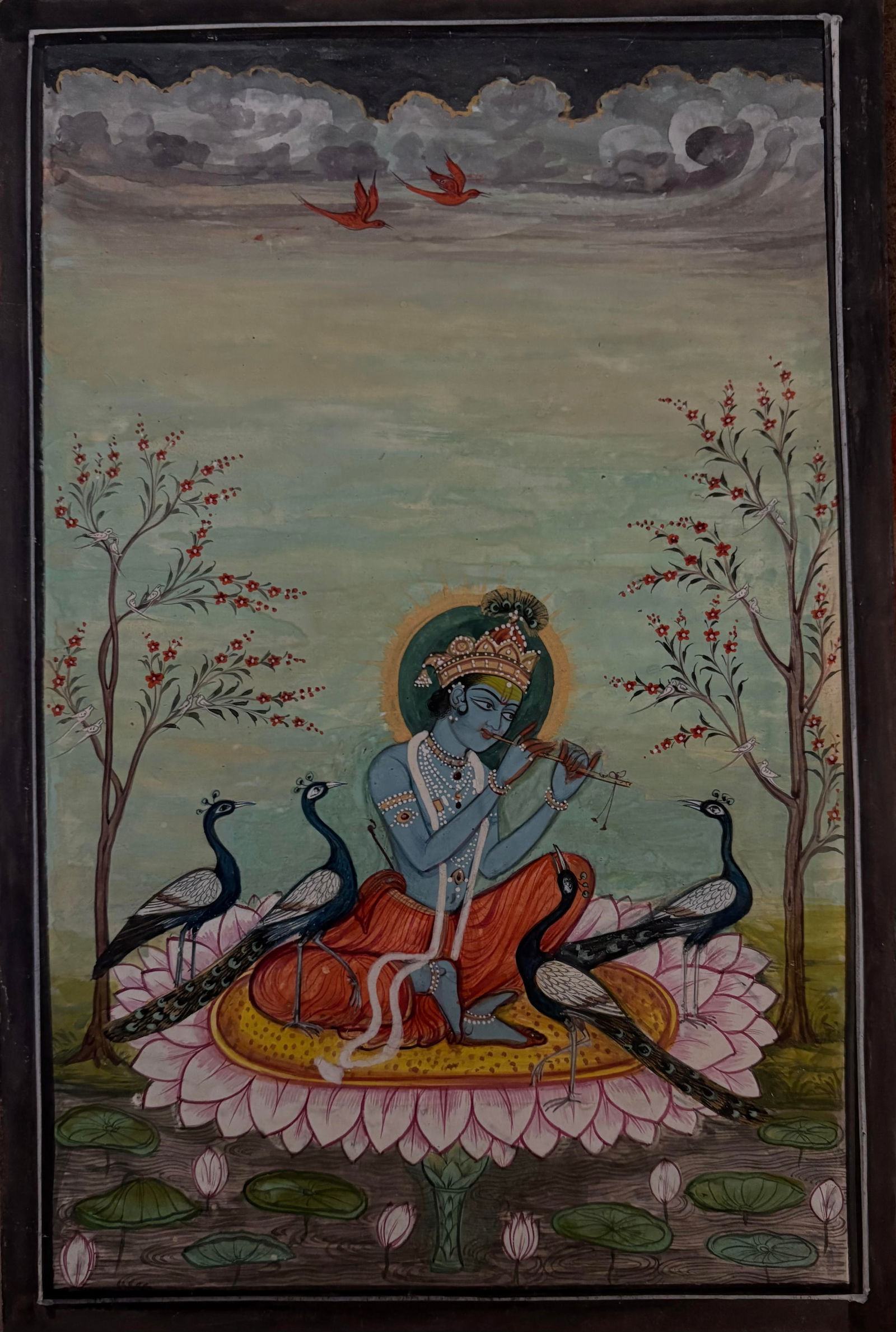 Indian Pahari School miniature painting of Krishna playing flute (1 of 1)