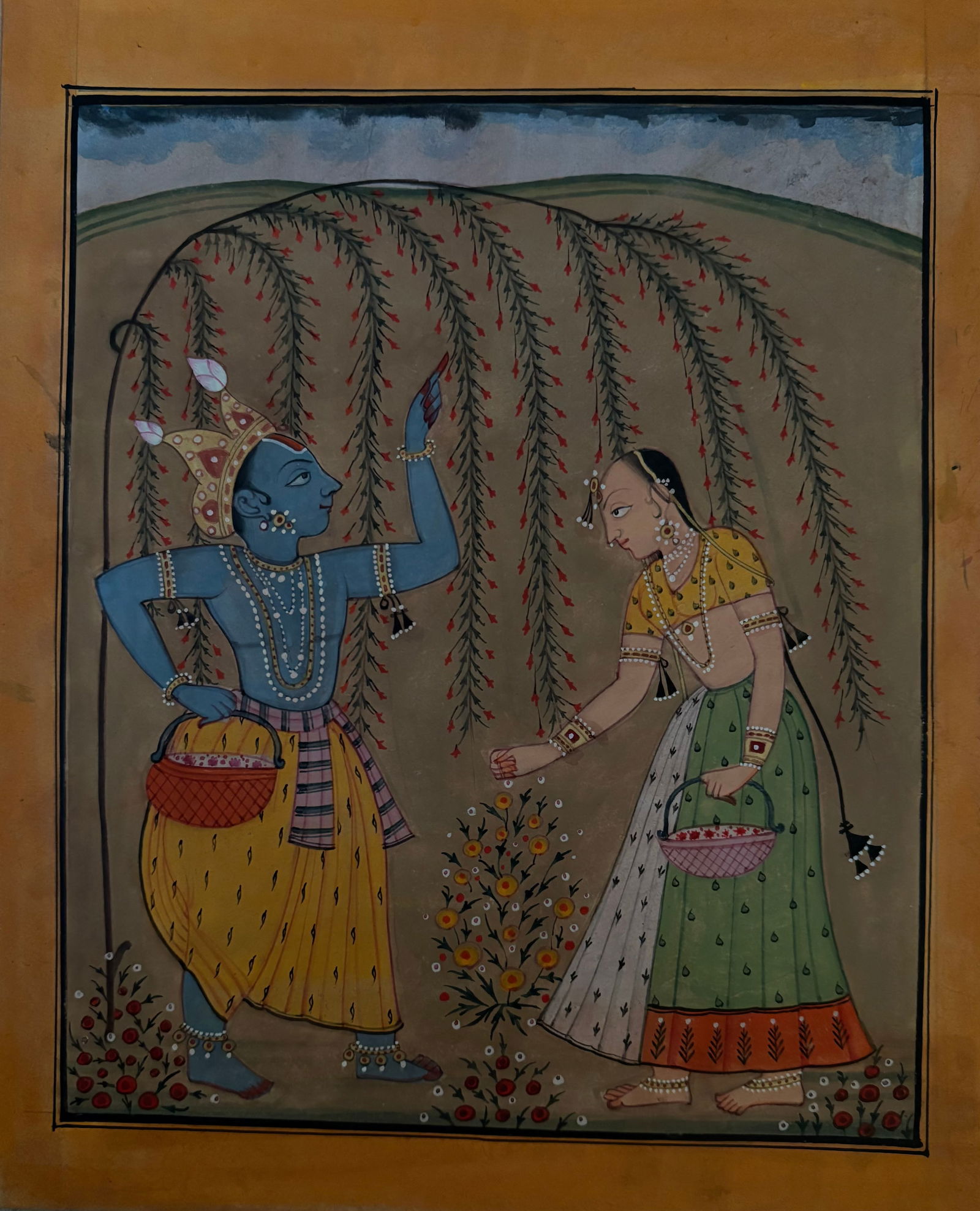 Indian Pahari School miniature painting of Radha and Krishna from Rasamanjiri series: Indian Pahari School miniature painting of Radha and Krishna from Rasamanjiri series Size : 9.5 by 8 inches