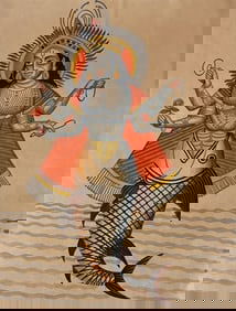 Indian Kalighat painting of a Rare Matsyakanya - half human half fish: Kalighat paintings originated during British rule in India during 19 th century and the tradition of painting this unique style continued by artists who lived outside the famous Kalighat temple in Cal