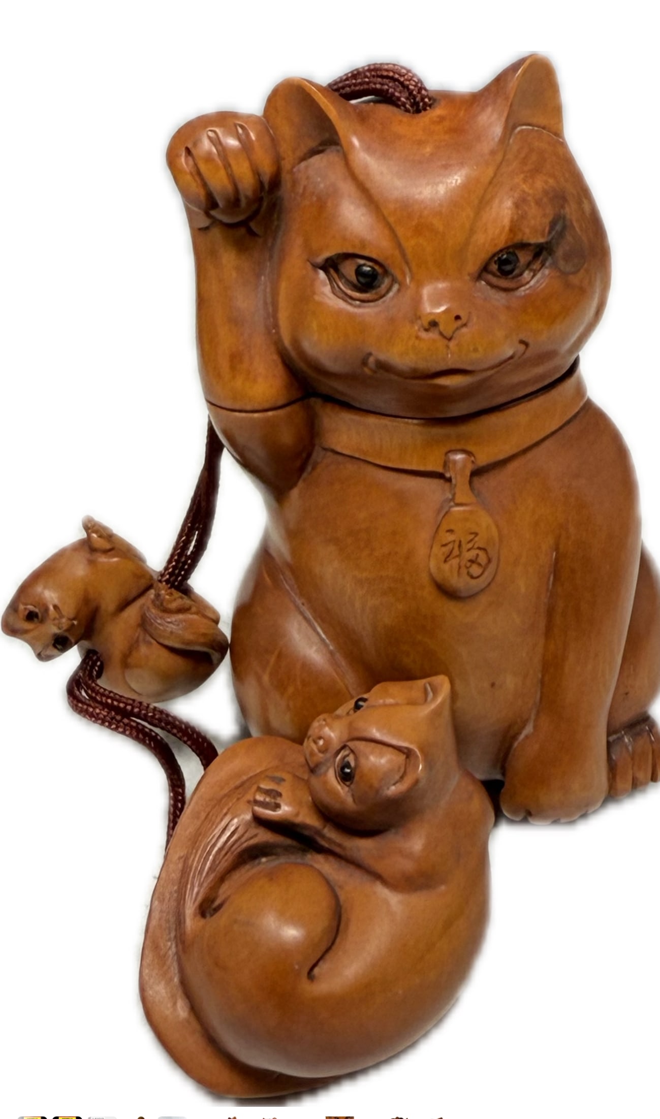 Antique Japanese Boxwood  Maneki-neko Inro Netsuke Cat Signed Ojime Edo (1 of 7)
