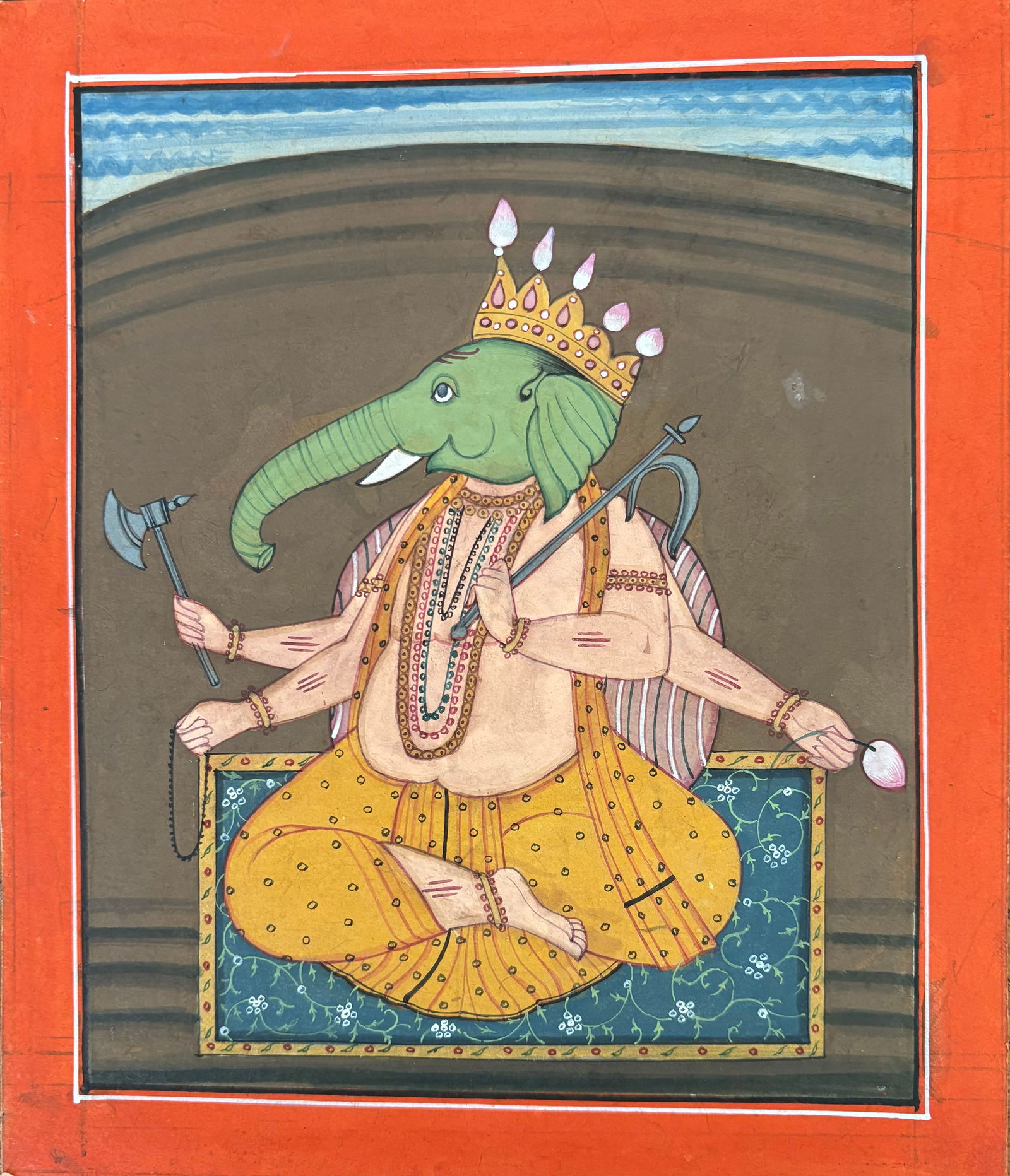 Indian Bundi School miniature painting of a rare image of Ganesha with four arms: Indian Bundi School miniature painting of a rare image of Ganesha with four arms Size : 9 by 8 inches