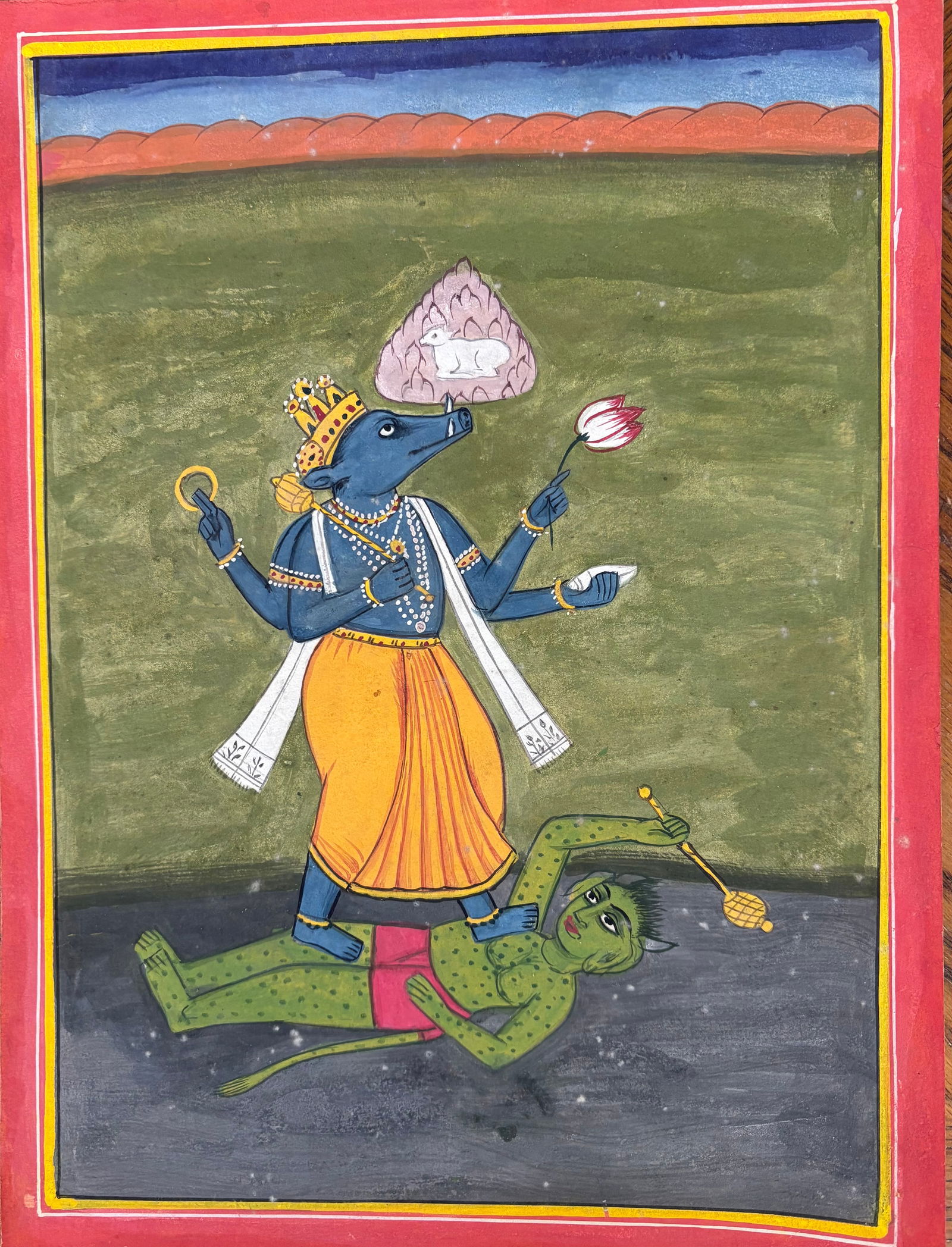Indian Pahari school miniature painting of Vishnu as Varaha Avatar: Indian Pahari school miniature painting of Vishnu as Varaha AvatarSize : 11.5 by 9 inches