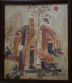 Oil on canvas painting signed Ram Kumar in Devnagiri: Attributed to Ram Kumar (Indian 1924-2018) the famous Modern Indian artist who joined the Sharda Ukil School under the famous painter Sailoz Mukherjee. While at school he met SH Raza at an exhibition
