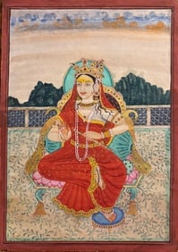Indian Bundi school miniature painting of a devi sitting on Palace terrace: Indian Bundi school miniature painting of a devi sitting on Palace terrace probably Laxmi goddess of wealth Size : 10 by 7 inches