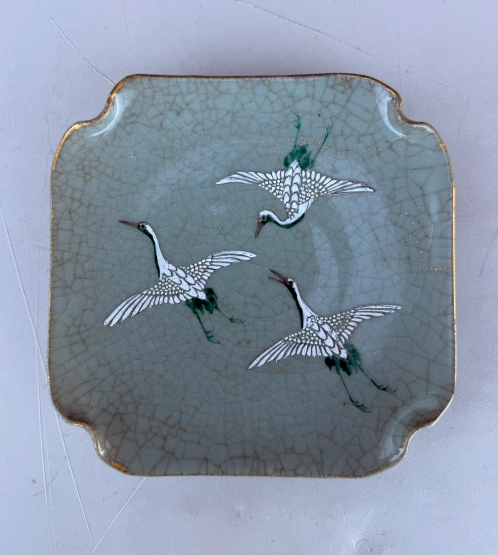Antique Meiji Period Signed Japanese Banko Crane Design Enamel Square Plate (1 of 3)