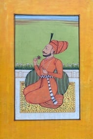 Indian Pahari Miniature painting of a Royalty King seated on a palace terrace: Indian Pahari Miniature painting of a Royalty King seated on a palace terrace Size : 9 by 6 inches