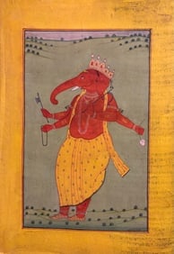 Indian miniature painting Bundi School - Rare standing Ganesha with four arms: Indian miniature painting Bundi School - Rare standing Ganesha with four arms and wearing a crownSize : 12.5 by 9 inches