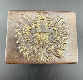 Late 19th – Early 20th Century, Austro-Hungarian Railway Service Belt Buckle.: Rectangular brass buckle featuring the Imperial double-headed eagle with the Habsburg family shield at the center. The simple, functional design and strict form identify it as belonging to the Austro-