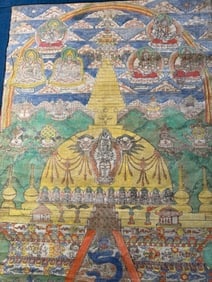 Tibetan Thangka with Stupa and Deities, Gelug School, 19th Century: Hand-painted thangka on cotton, depicting a large central stupa richly decorated with auspicious symbols and surrounded by lamas and deities. The upper part shows lineage teachers and protective deiti