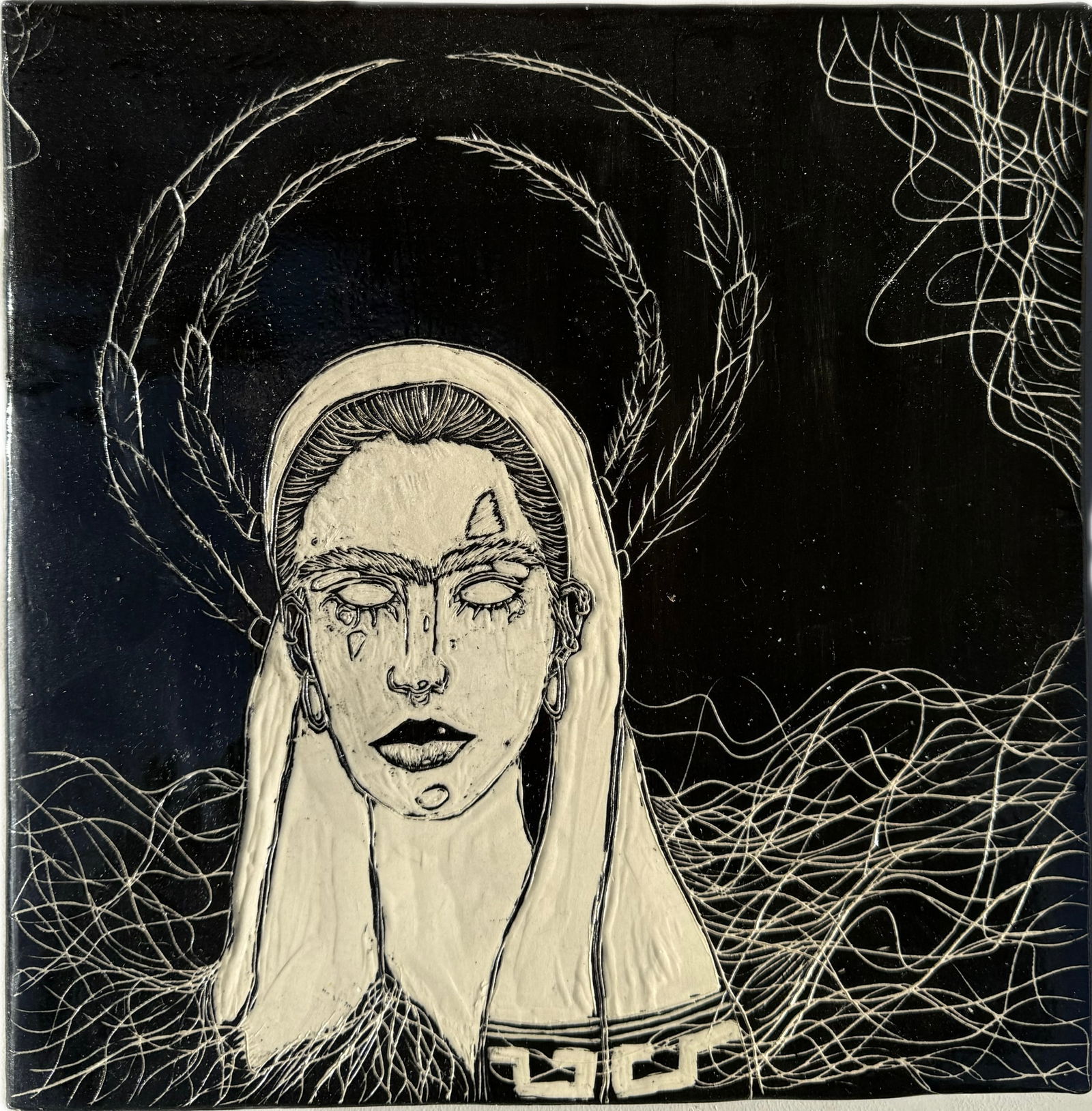 Title Artwork of a Woman: The artwork on tile is the album artwork for the record Mind Cancer by the London-based post-punk band Virvon Varvon, 10 1/2” X 10 1/2”