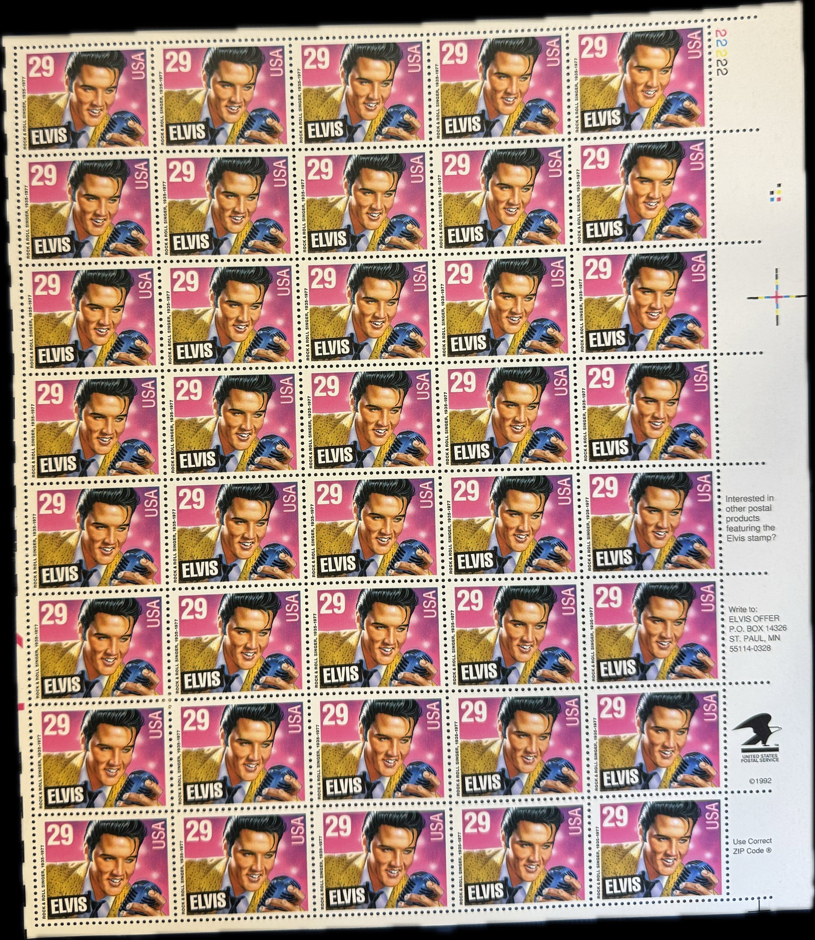 1993 29 cent Elvis Presley full Sheet of 40, Scott #2721, Mint NEVER HINGED: 1993 29 cent Elvis Presley full Sheet of40, Scott #2721, Mint NEVER HINGED