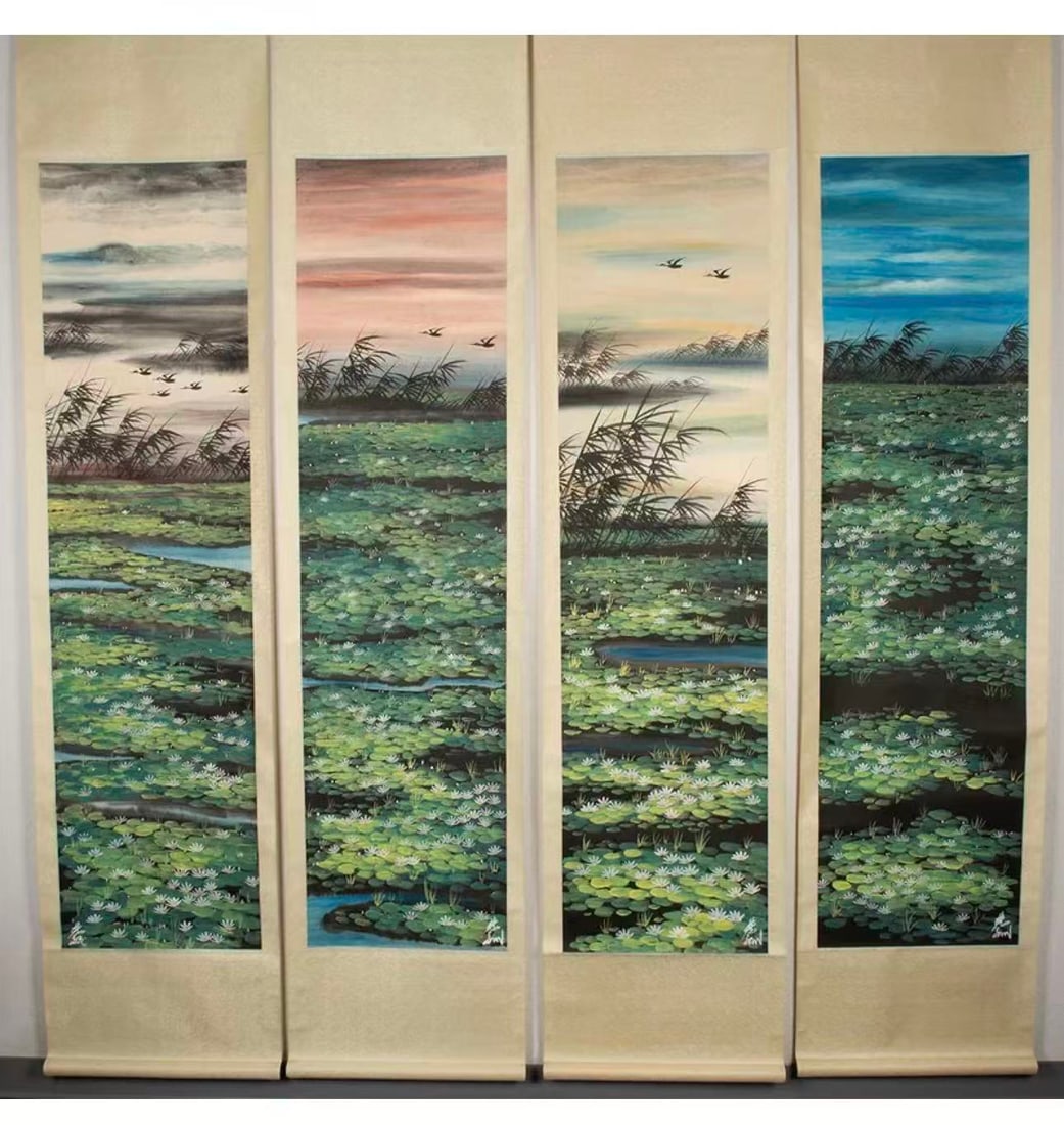 Lin Fengmian: set of four ink and color on paper paintings 'Lotus' (1 of 11)