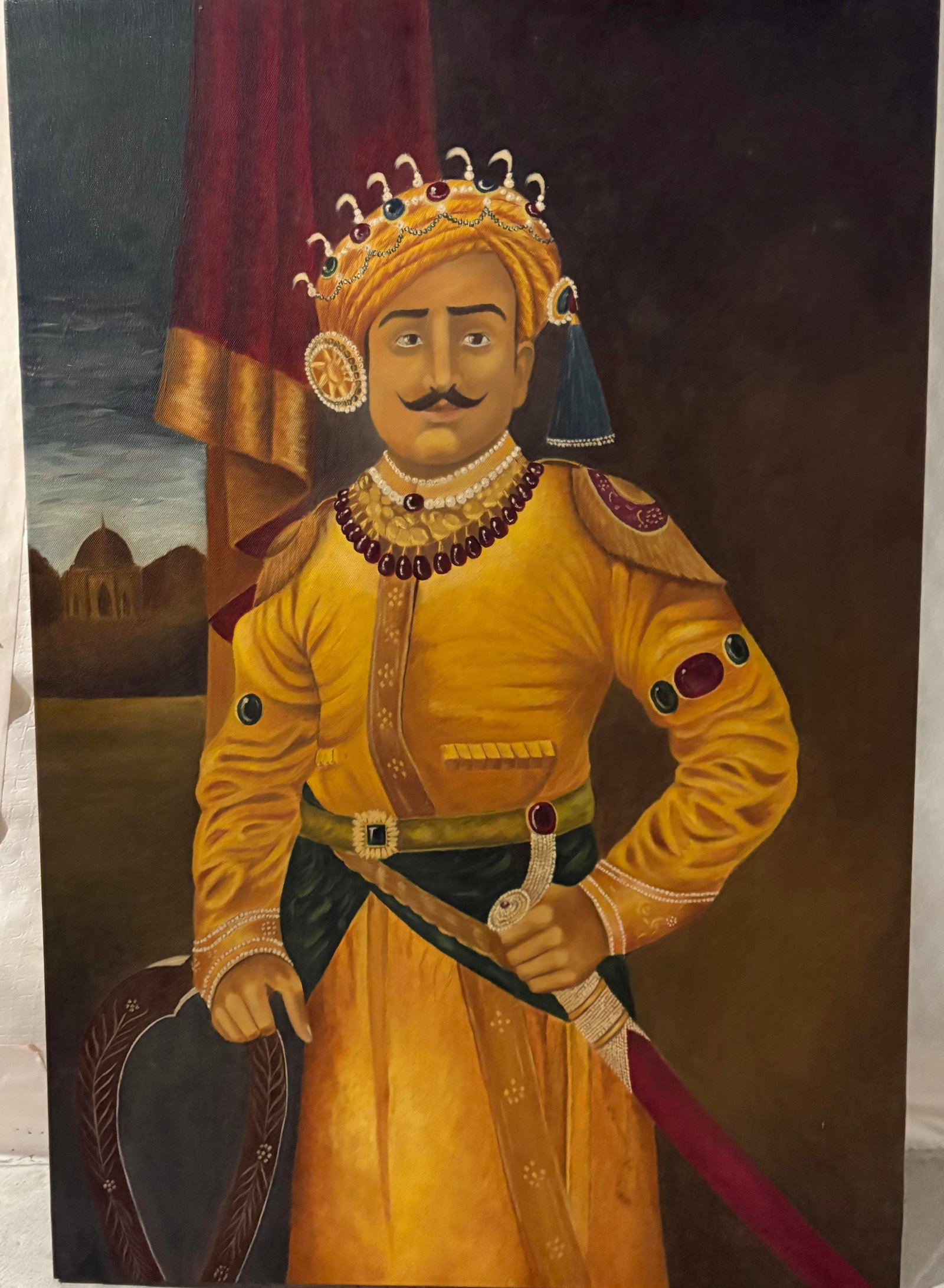 Portrait of an Indian Maharaja oil on canvas painting: Portrait of an Indian Maharaja oil on canvas painting Size : 24 by 23 inches