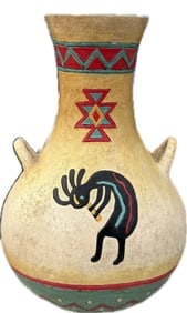 Vintage Kokopelli Design Native American Pottery Large Clay Pot Vase With Handles: Vintage Kokopelli Design Native AmericanPottery Large Clay Pot Vase With Handles, 13” h