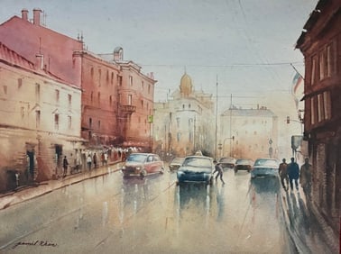 Jameel Khan ( Indian) - Well known Bengal school artist - watercolor painting city scape: Jameel Khan ( Indian) - Well known Bengal school artist - watercolor painting city scape Size : 20 by 15 inches